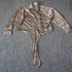 Shoreline Sugars Plaid Tie Front Long Sleeve Blouse Top Brown S‎